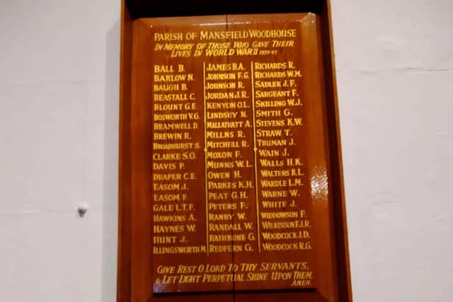 The wooden memorial in St Edmund's Church to the Mansfield Woodhouse men killed during the Second World War.