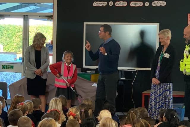 Sophie Wells with headteacher, Mayor Andy Abrahams, Elaine Quince from the Community Safety Team and Neil Slater, community safety officer