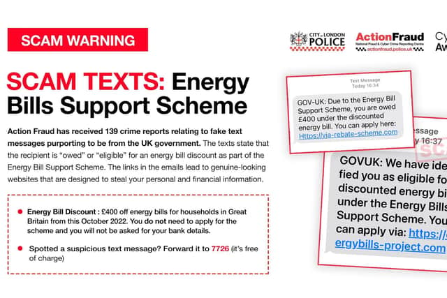 The texts state that the recipient is “owed” or “eligible” for an energy bill discount