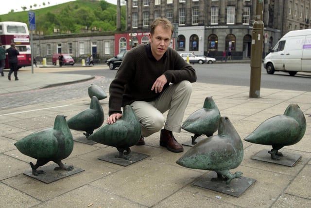 Martin Hulse from the Cockburn association with the Elm Row Pigeons. This much-loved bronze flock by sculptor Shona Kinloch vanished in the late 2000s for the tram works and have yet to return to their rightful home at Elm Row.