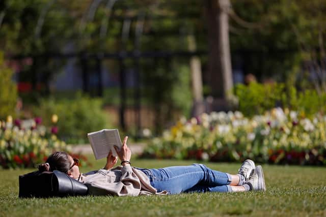 A woman reads a book on the grass (Photo by TOLGA AKMEN/AFP via Getty Images)