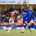 Will Swan runs at the home side during Stags' Sky Bet League 2 match against Bradford City AFC at the University of Bradford Stadium, 16 Mar 2024Photo credit : Chris & Jeanette Holloway / The Bigger Picture.media