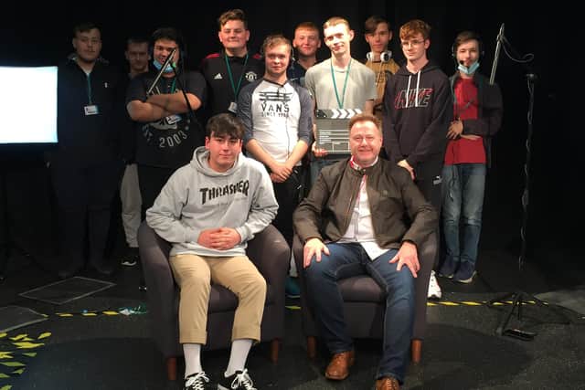 Andy Middleton (front right) with the media students int he TV studio
