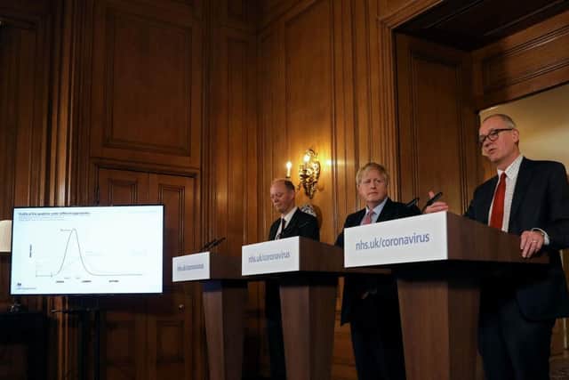 Prime Minister Boris Johnson, Chief Medical Officer for England, Chris Whitty and Government Chief Scientific Adviser, Sir Patrick Vallance detailed the government's next steps to tackle the covid-19 threat yesterday (Getty Images)