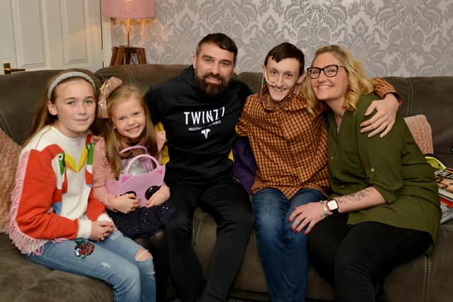 Happier times: Jacob meeting his idol Ant Middleton. 
Pictured from left are Ant's daughter Shyla, 12, Jacob's sister Leah Keighley, six, Ant Middleton, Jacob Fradgley and Mum Sammy Fradgley.