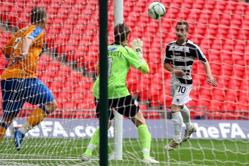 Chris Senior scores the winner during the FA Trophy final between Darlington and Mansfield Town at Wembley Stadium on May 7, 2011.