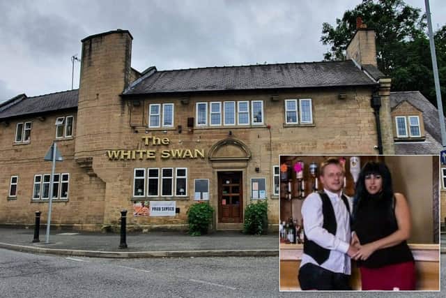 A pizza oven was stolen from the beer garden at the White Swan in Pleasley. Inset: tenants Paul Stevens and Sara Lee Burton.