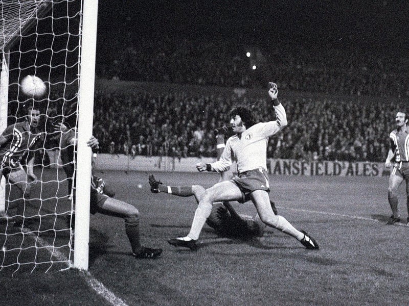 Ray Clarke scores for Stags against Coventry in October 1975 in a League Cup third round match. A crowd of 10,027 watched as Stags progressed with a 2-0 win.
