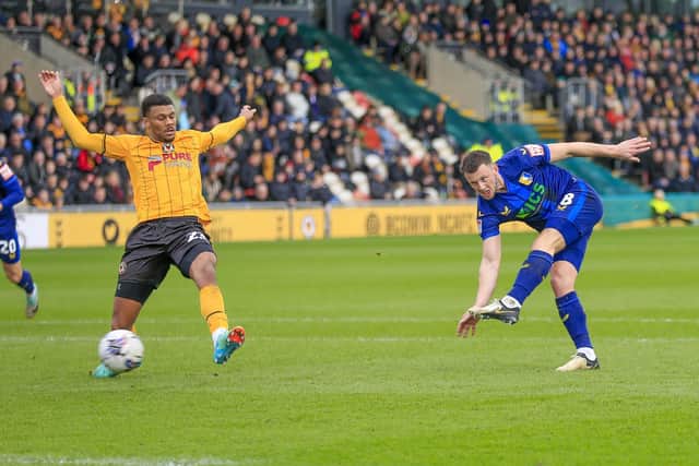 Action during the Sky Bet League 2 match against Newport County AFC at Rodney Parade 02 March 2024.Photo credit : Chris & Jeanette Holloway / The Bigger Picture.media