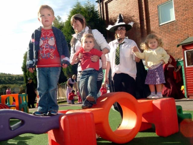 Youngsters at Vicar Water Day Nursery in Clipstone, enjoy the Muffins Hearty Challenge mini obstacle course in 2007 to raise funds for the British Heart Foundation and learn about being healthy.