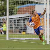 Mansfield Town forward Will Swan grabs the equaliser. PHOTO by Chris Holloway / The Bigger Picture.media