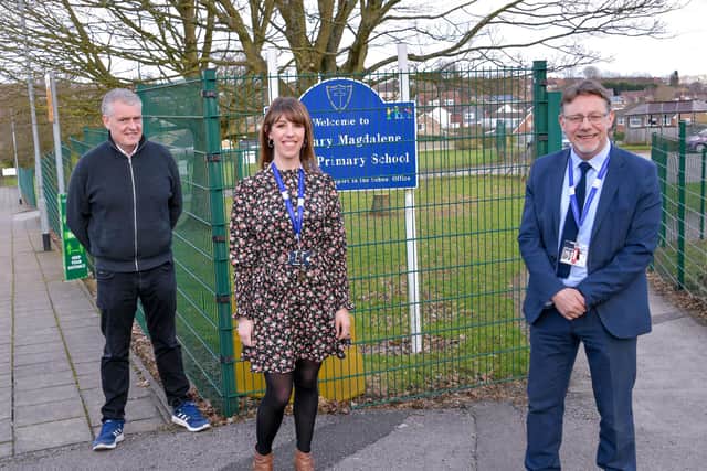 Ashfield MP Lee Anderson pictured with St Mary Magdalene Church of England Primary School headteacher Sam Robinson and Chris Moodie, chief executive of The Diocese of Southwell and Nottingham Multi-Academy Trust.