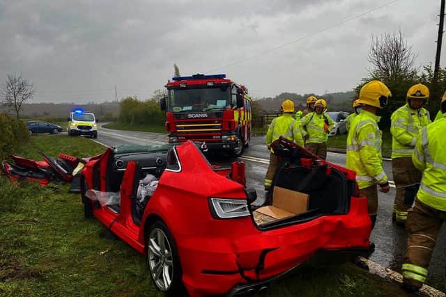 Two women had to be cut free from an Audi following a three-car crash on Common Lane, Pleasley Vale. Credit: Shirebrook Fire Station.