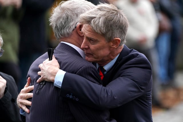 Former Manchester United manager Sir Alex Ferguson (left) and former Rangers captain Richard Gough hug as they attend the memorial service at Glasgow Cathedral.