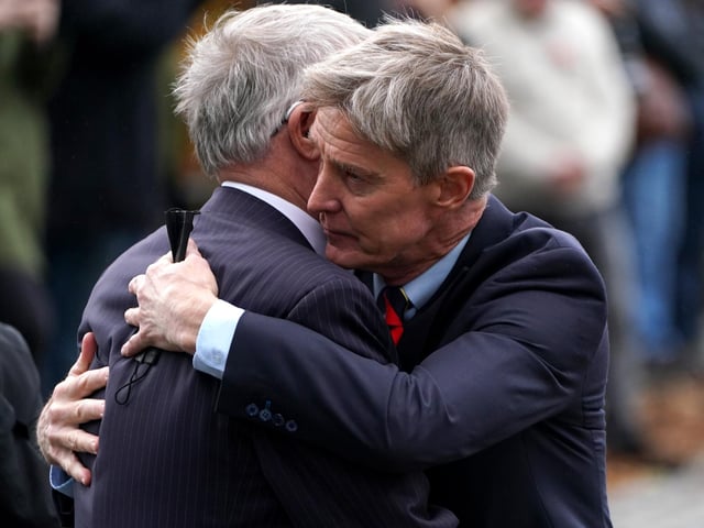 Former Manchester United manager Sir Alex Ferguson (left) and former Rangers captain Richard Gough hug as they attend the memorial service at Glasgow Cathedral.