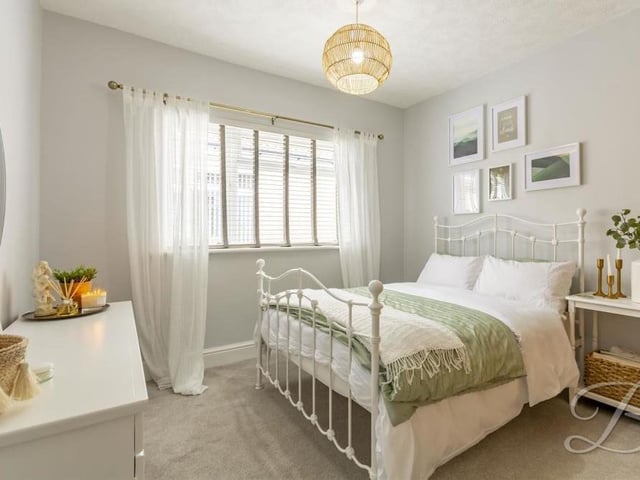 Elegance is epitomised in the second bedroom at the £225,000 bungalow. Again, it has a carpeted floor, while the window faces the side of the property.