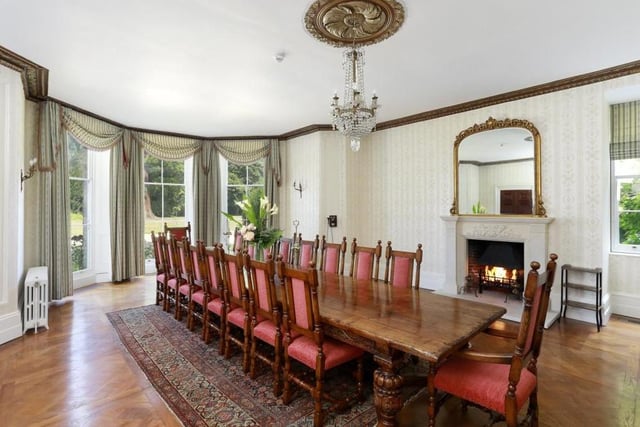 This elegant dining room is just one of the many superb and bright rooms at Hunton Court. In the early Victorian period, the house was adapted to its existing Georgian style and is constructed of a mellow ragstone, more commonly found in the Cotswolds.