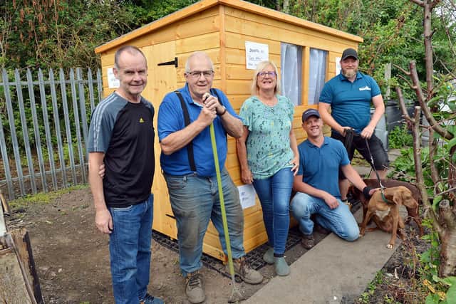 Allotment owners Bill Horan, George Bryan and Gill Brunt with Neil and Phil Ashmore from the Shed Brothers.