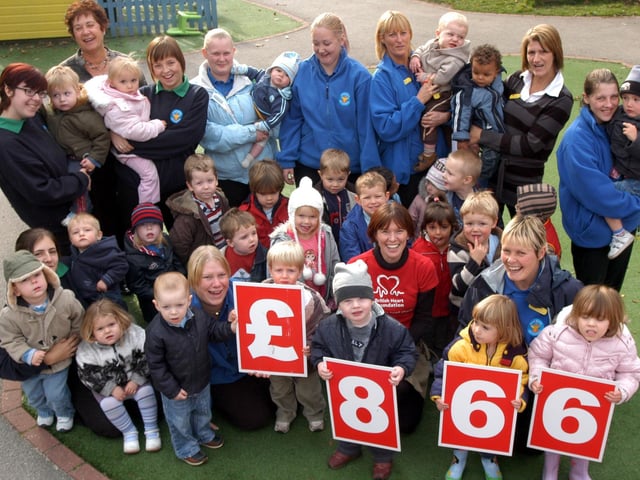 Helena Mair, from the British Heart Foundation receives £866 raised by youngsters and staff at Clipstone's Vicar Water Day Nursery. 2007.