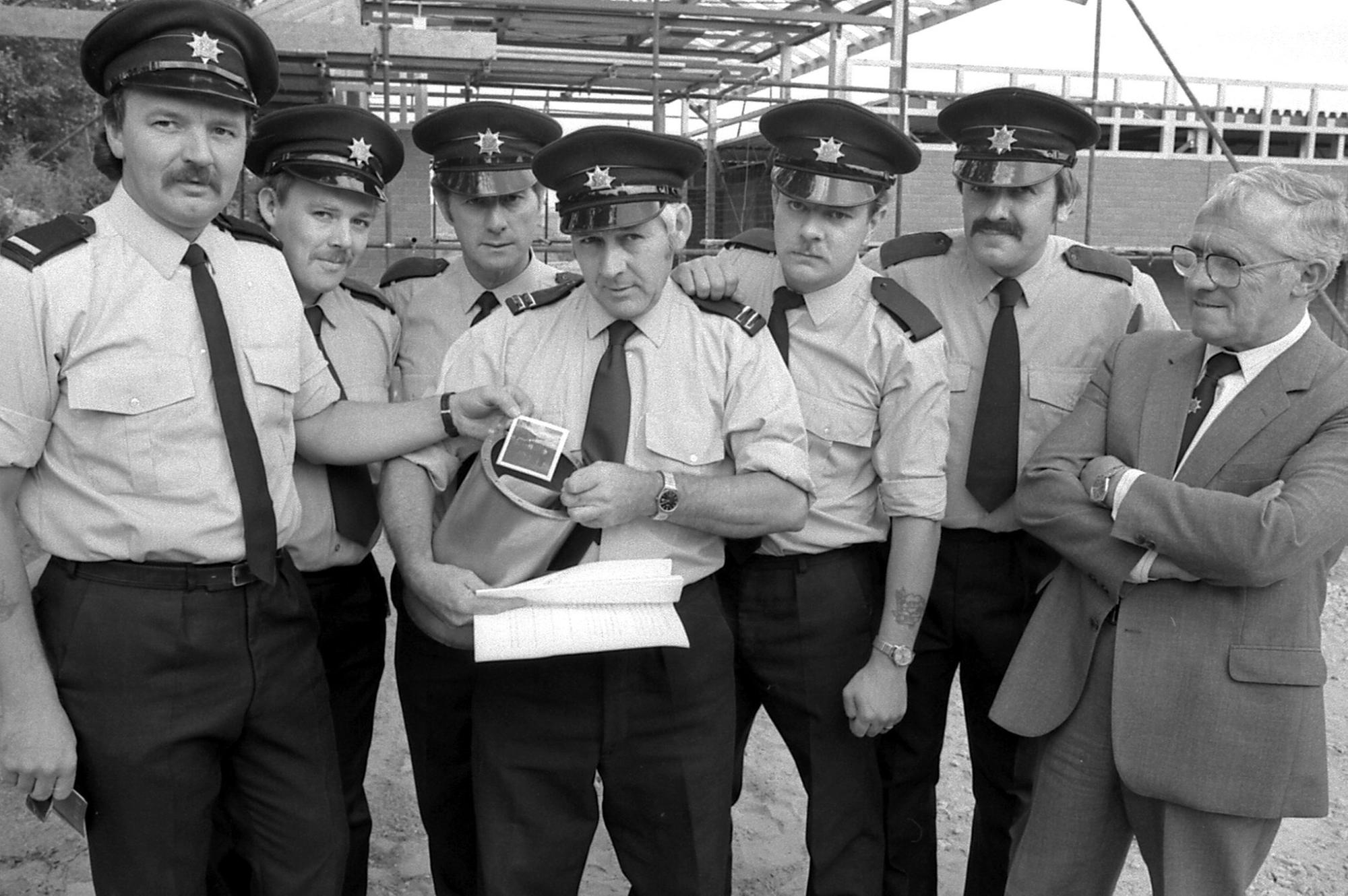 Blidworth Fire Station crew with a time capsule in 1986.