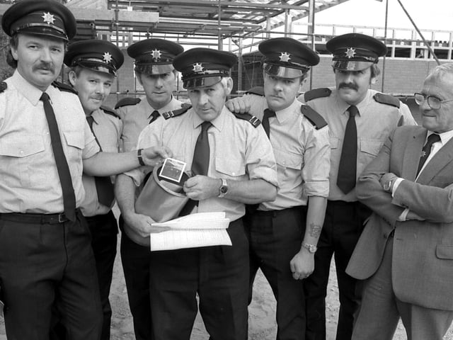 Blidworth Fire Station crew with a time capsule in 1986.