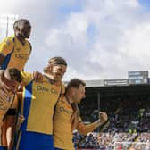 Stags celebrate their second goal in Saturday's 4-1 win at Notts County. Pic by Chris & Jeanette Holloway/The Bigger Picture.media.