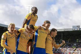 Stags celebrate their second goal in Saturday's 4-1 win at Notts County. Pic by Chris & Jeanette Holloway/The Bigger Picture.media.