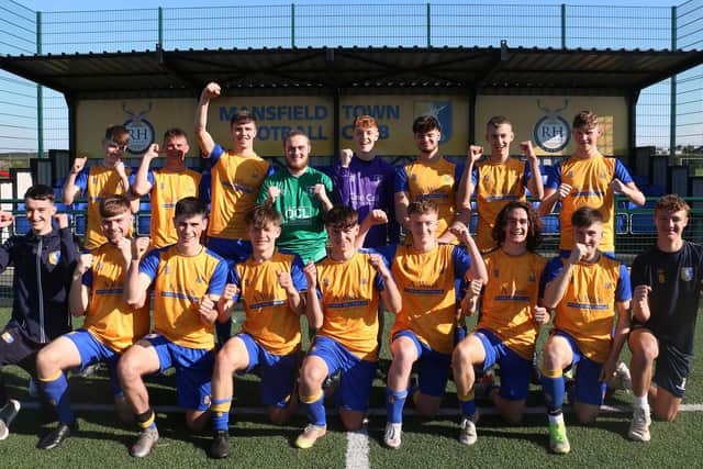 Jubilant players from West Nottinghamshire College – MTFC celebrate their league win.