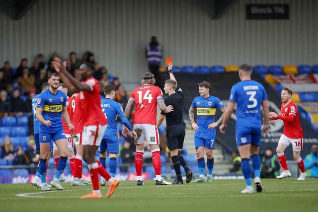 Jordan Bowery is red-carded at AFC Wimbledon on an afternoon when Stags felt they suffered much injustice. Photo by Chris & Jeanette Holloway/The Bigger Picture.media.