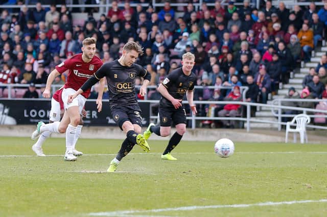 Danny Rose puts Stags ahead at Sixfields last weekend, picture by Chris Holloway.