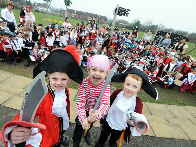 Key stage 1 pupils from the King Edwin Primary School in Edwinstowe, celebrate World Book Day by swapping their school uniform for pirate clothes last Thursday, with Kiera Long, Isabelle Abdy and Joshua Oxborough practicing their piracy parlance on the photographer in 2013.