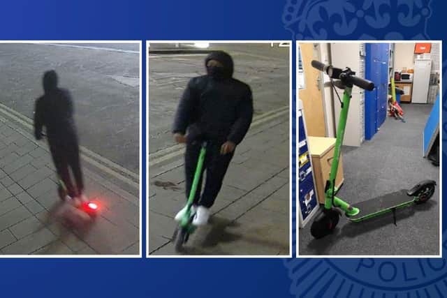Dietlin captured on CCTV, and his scooter pictured after his arrest. Image issued by Nottinghamshire Police.