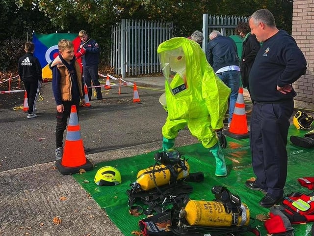 A hazmat suit was among the firefighting equipment on display.