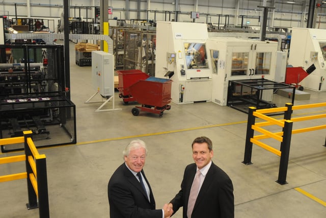 Mansfield Executive Mayor Tony Egginton, left,  pictured with Crown Speciality Packaging UK's Operations Director David Harrison at the opening of the company's new factory on Crown Farm Way.