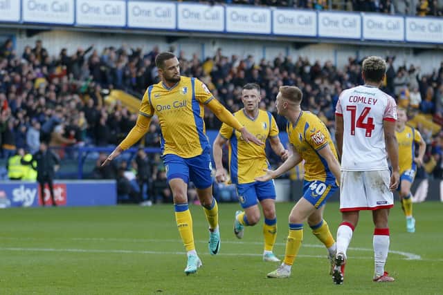 Jordan Bowery celebrates his winner during the Sky Bet League 2 match against Walsall  FC at the One Call Stadium, 28 Oct 2023
Photo credit - Chris & Jeanette Holloway / The Bigger Picture.media