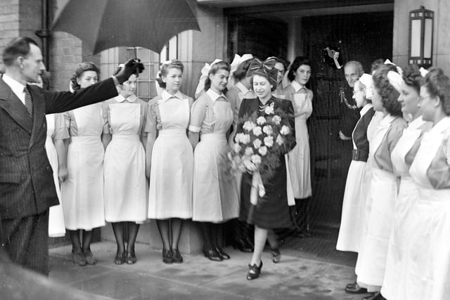 Nurses form a guard of honour for Princess Elizabeth as she leaves Sunderland Eye Infirmary in April 1946.