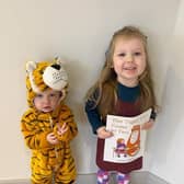 India and Raffy aged one and three, as Sophie and the Tiger from The Tiger That Came To Tea.