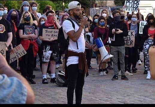 Nathan speaking to the crowds at a recent Black Lives Matter protest