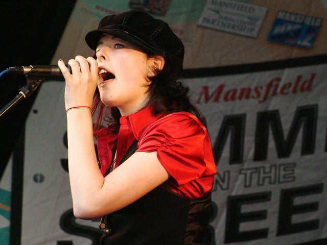 Mansfield Market Place, West Notts College Showcase - Summer in the Streets event. Amy Lewis (National Diploma in Music - year 2). Year: 2007.