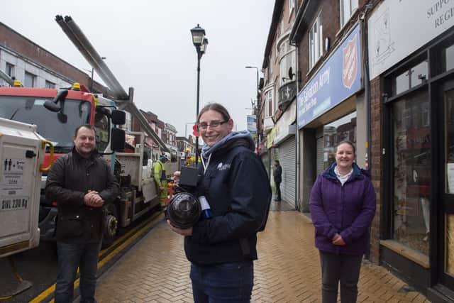 Ashfield District Council leader, Jason Zadrozny, with Coun Helen-Ann Smith, who is holding one of the new CCTV cameras, and Coun Samantha Deakin, ward councillor for Sutton Central and New Cross