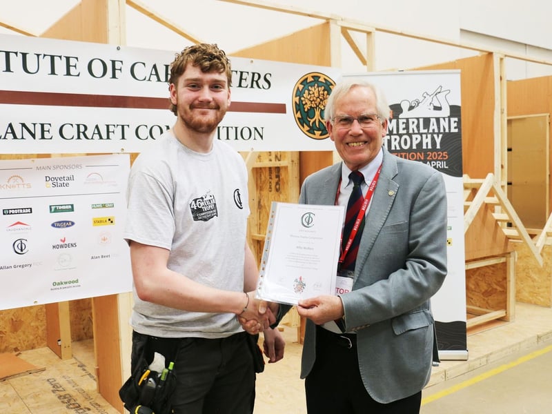 Alfie Walters with president of the Institute of Carpenters Geoff Rhodes