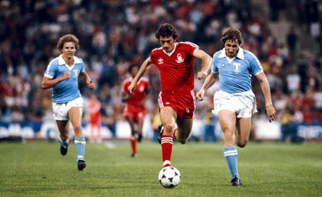 MUNICH, GERMANY - MAY 30:  Nottingham Forest player Trevor Francis (c) races through the Malmo defence during the 1979 European Cup Final between Malmo and Nottingham Forest at the Olympic Stadium on May 30, 1979 in Munich, Germany. (Photo by Allsport/Getty Images)