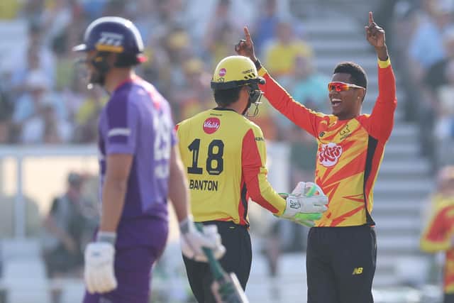 Akeal Hosein of Trent Rockets celebrates dismissing Dawid Malan of Northern Superchargers.