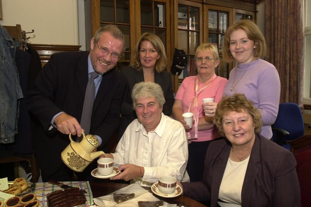 Richard Caborn at the Sheffield Town Hall secretaries fundraiser for Macmillan Cancer Relief's biggest coffee morning. Seated Councillors Jan Wilson and  Pat Midgley. Standing  left to right, Kate Sheldon, Marilyne Fisher and Helen Zefi pictured in 2002
