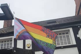LGBTQ+ flag outside Ye Olde Ramme Inne, 34 Church Street, Mansfield.