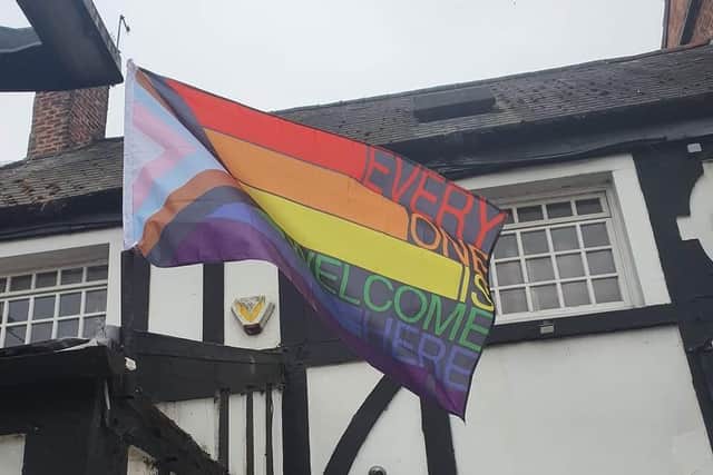 LGBTQ+ flag outside Ye Olde Ramme Inne, 34 Church Street, Mansfield.