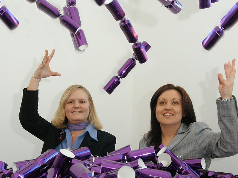 Hayley Watson and Rebekah O`Neill Centre management team, at the Four Seasons Shopping Centre Mansfield, went crackers when launching their special free crackers to shoppers that spend over £25 or more at late night shopping. Photo taken in 2007.