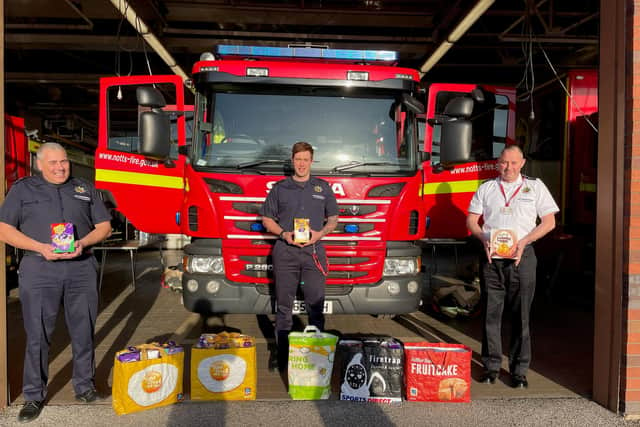Ashfield firefighters with the eggs they received Dawn Cockerill - which they later donated to Bracken Hill School.
