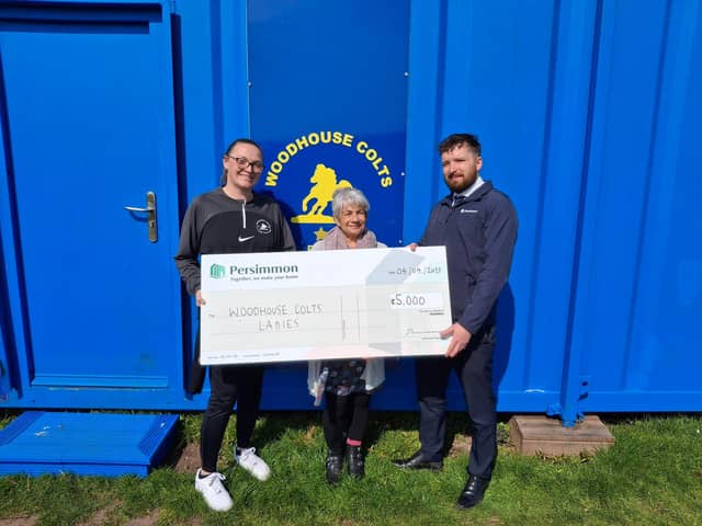 Woodhouse Colts Chairwoman, Donna Carden, Councillor Angie Jackson and Robbie Steel, Persimmon Planning Manager for Nottingham region