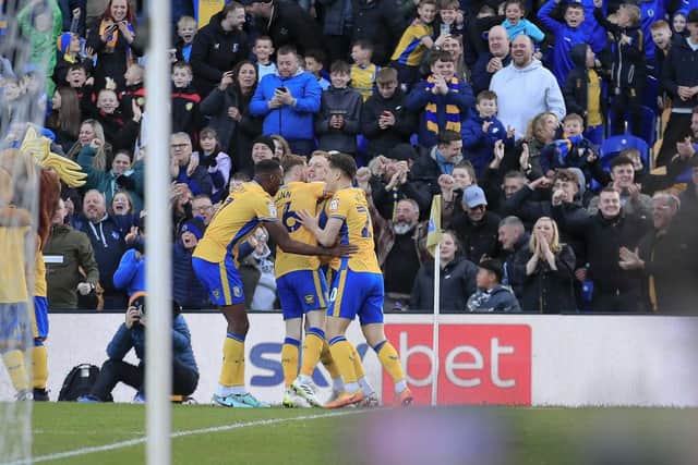 First half goal celebrations during the Sky Bet League 2 match against Accrington Stanley FC at the One Call Stadium, 16 April 2024, Photo credit Chris & Jeanette Holloway / The Bigger Picture.media:Stags beat Accrington 2-1 to seal a spot in League One next year.